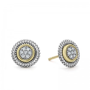 Lagos S/S & 18K Yellow Gold SIGNATURE CAVIAR DIAMOND ROUND PAVE STUD EARRINGS