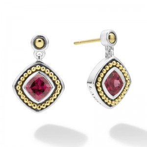 Lagos Sterling Silver & 18K Yellow Gold Caviar Rhodolite Garnet 6X6 Cushion Post with Drop Earrings