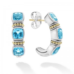 Lagos Sterling Silver & 18K Yellow Gold Caviar Blue Topaz 6X6 Cushion J Hoop Earrings