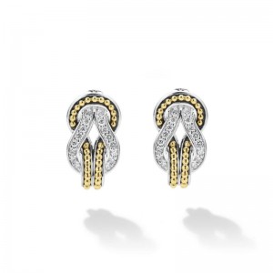 Lagos Sterling Silver & 18K Yellow Gold Newport 15x8mm Omega Clip Earrings with Round Diamonds G-H SI