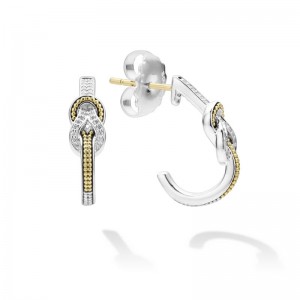 Lagos Sterling Silver & 18K Yellow Gold Newport Knot Half Hoop Earrings 15mm with Round Diamonds 0.16 Tcw G-H SI