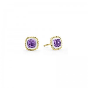 Lagos Sterling Silver & 18K Yellow Gold Amethyst 7mm Cushion Stud Earrings