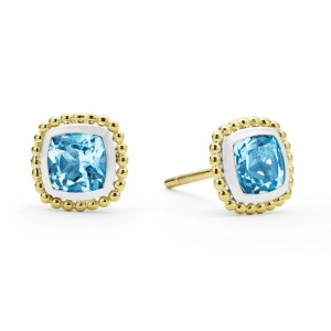 Lagos Sterling Silver & 18K Yellow Gold Swiss Blue Topaz 7mm Cushion Stud Earrings