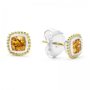 Lagos Sterling Silver & 18K Yellow Gold Caviar Citrine 7mm Cushion Stud Earrings