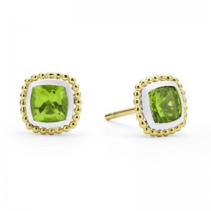 Lagos Sterling Silver & 18K Yellow Gold Caviar Peridot 7mm Cushion Stud Earrings