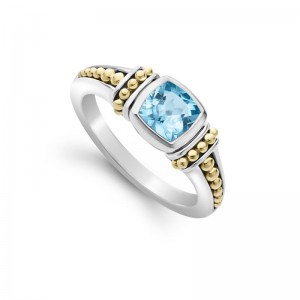 Lagos Sterling Silver & 18K Yellow Gold Caviar Blue Topaz 6X6 Cushion Ring