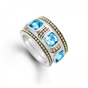 Lagos Sterling Silver & 18K Yellow Gold Caviar Swiss BlueTopaz Triple 6X6 Cushion  Stacking Rings