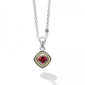 Lagos Sterling Silver & 18K Yellow Gold Caviar Rhodolite Garnet 6X6 Cushion Pendant on a 16-18