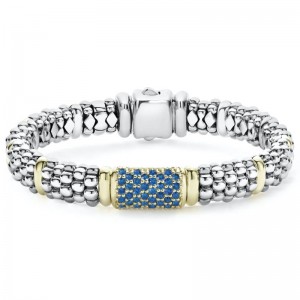 Lagos Sterling Silver & 18K Yellow Gold Caviar Blue Sapphire Center Gold Stations 9mm Rope Bracelet  Size 7