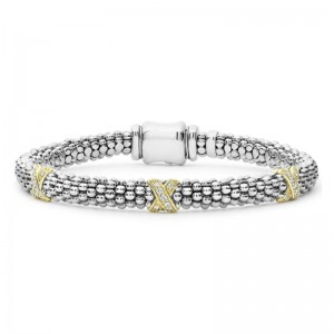 Lagos Sterling Silver & 18K Yellow Gold Caviar Lux Diamond Triple X 3 Station 6MM Rope Bracelet - Size M