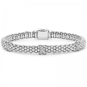 Lagos Sterling Silver Caviar Lux Three Diamond X 6mm Bracelet