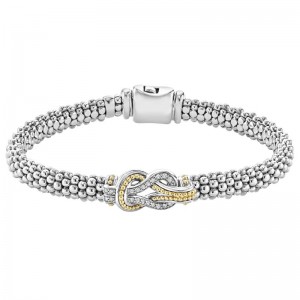 Lagos 18K Yellow Gold and Sterling Silver Newport Diamond Two Tone Knot Caviar 6mm Bracelet