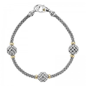 Lagos 18K Yellow Gold and Sterling Silver Signature Caviar Three Station Caviar Beaded 3mm Bracelet