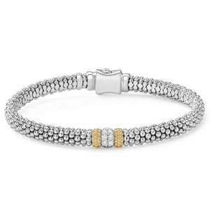 Lagos 18K Yellow Gold and Sterling Silver Caviar Lux Single Station Diamond Caviar 6mm Bracelet