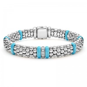 Lagos Sterling Silver Blue Caviar Ceramic Single Diamond Station Caviar 9mm Bracelet