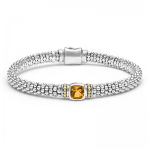 Lagos Sterlilng Silver & 18K Yellow Gold Caviar Citrine 6X6 Cushion 6mm Rope Bracelet Size 7