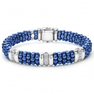 Lagos Sterling Silver & 18K Yellow Gold Marine Blue Caviar Ceramic Bracelet with 3 Diamond Stations Size 7