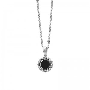 Lagos Sterling Silver & Maya Onyx Inlay 16mm Circle Pendant with Small Link Chain Caviar Balls Size Adj 16-18