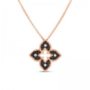 Roberto Coin 18K Rose Gold Venetian Princess Black and White Diamond Flower Pendant Necklace