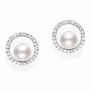 Mikimoto 18K White Gold Earrings with 2 Round Akoya Pearls A+ 6mm and 52 Round Diamonds 0.26 Tcw F-G VS