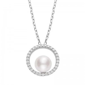 Mikimoto 18K White Gold Pendant with 1 Round Akoya Pearl A+ 7mm and 30 Round Diamonds 0.15 Tcw F-G VS 17.5