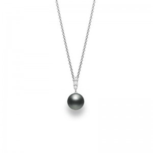 Mikimoto 18K White Gold Pendant with 1 Round Black South Sea Pearl A+ 9mm and 3 Round Diamonds 0.12 Tcw F-G VS 16/18