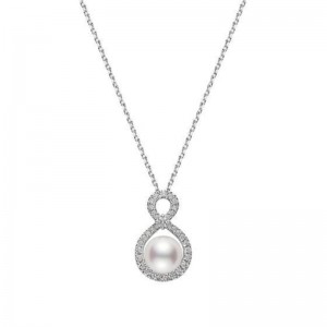 Mikimoto 18K White Gold Pendant with 1 Round Akoya Pearl A+ 8mm and Round Brilliant Cut Diamonds 0.21 Tcw F-G VS