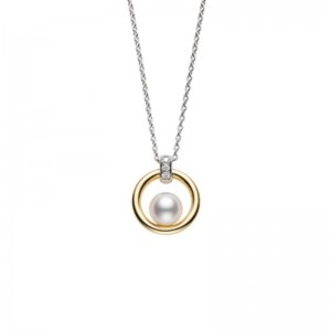 Mikimoto 18K White & Yellow Gold Pendant with 1 Round Akoya Pearl A+ 6mm & 3 Round Diamonds 0.02 Cts F-G VS 18