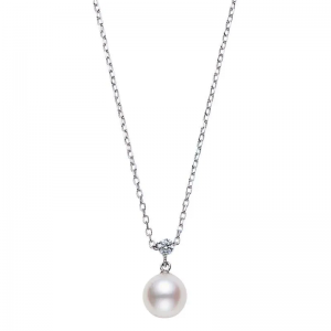 Mikimoto 18K White Gold Pendant with 1 Round Akoya Pearl A+ 8.25mm & 1 Round Diamond .08 Cts F-G VS