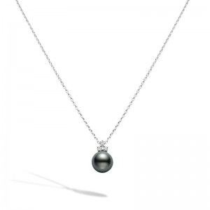 Mikimoto 18K White Gold Pendant with 1 Round Black South Sea Pearl A+ 11mm & 3 Round Diamonds 0.18 Cts