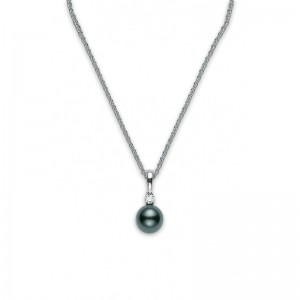 Mikimoto 18K White Gold Pendant with 1 Round Black South Sea Pearl 9mm A+ & 1 Round Diamond 0.10 Cts F-G VS