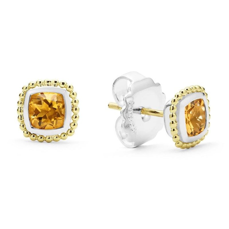 Lagos Sterling Silver & 18K Yellow Gold Caviar Citrine 7mm Cushion Stud Earrings