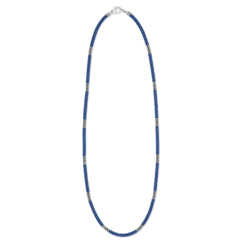 Lagos Sterling Silver Marine Blue Ceramic 3mm Rope Necklace with 12 Medium Stations