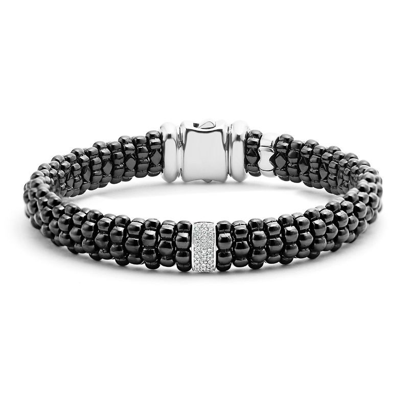 Lagos Sterling Silver Black Caviar Single Station Diamond Ceramic Caviar 9mm Bracelet