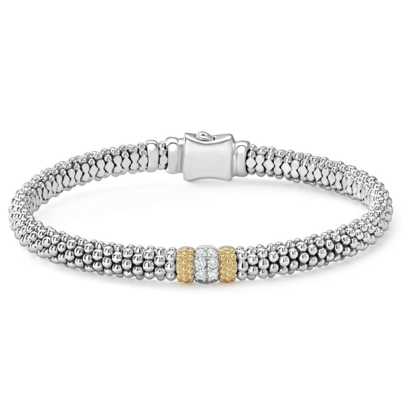 Lagos 18K Yellow Gold and Sterling Silver Caviar Lux Single Station Diamond Caviar 6mm Bracelet