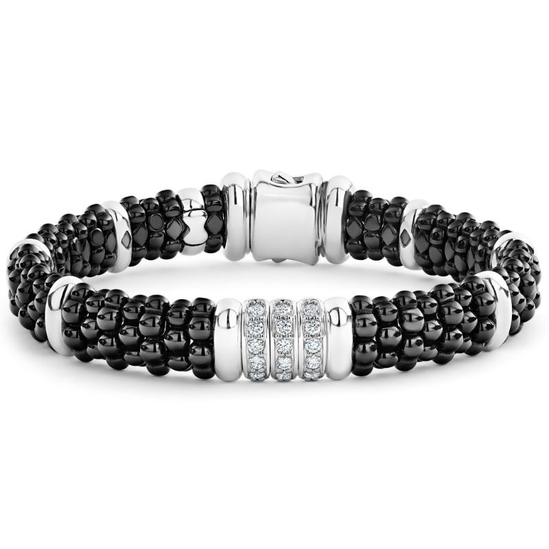 Lagos Sterling Silver Black Caviar Three Station Diamond Ceramic Caviar 9mm Bracelet