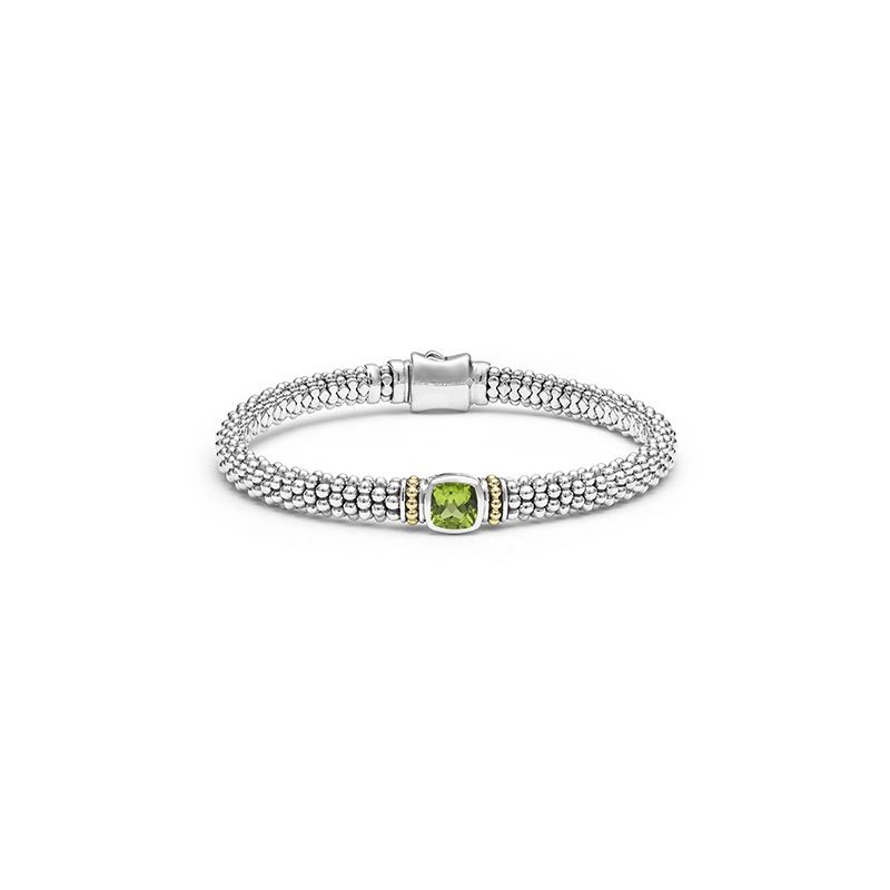 Lagos Sterling Silver & 18K Yellow Gold Caviar Perridot 6X6 Cushion 6mm Rope Bracelet  Size 7