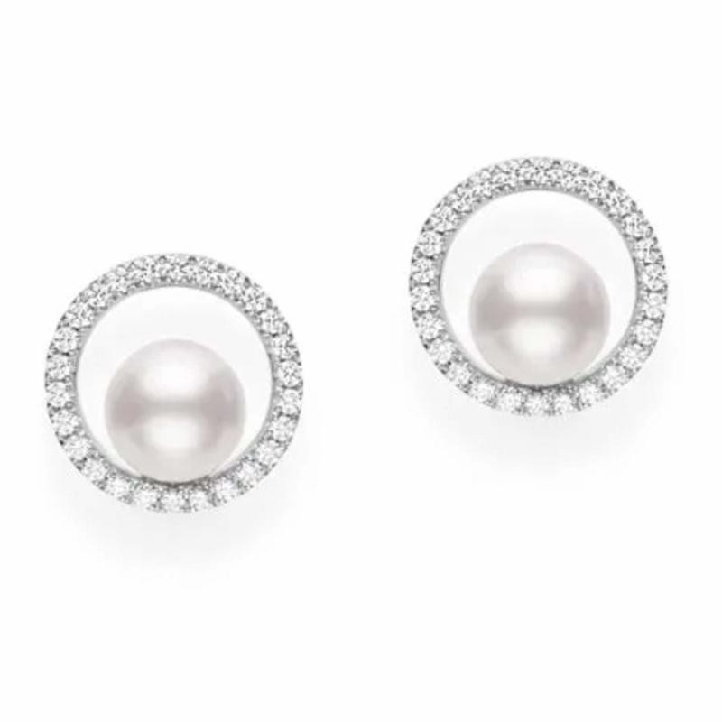 Mikimoto 18K White Gold Earrings with 2 Round Akoya Pearls A+ 6mm and 52 Round Diamonds 0.26 Tcw F-G VS