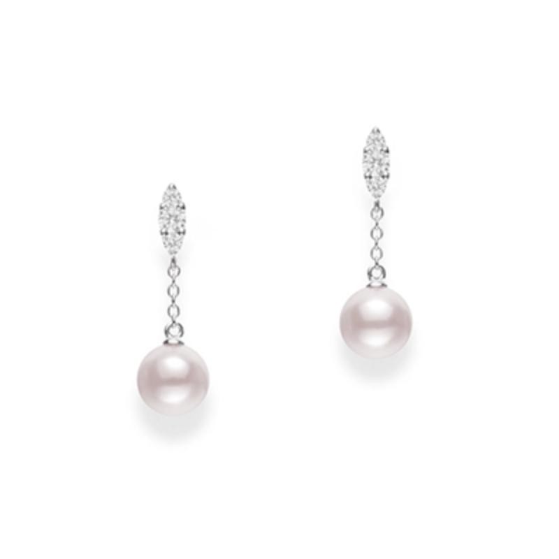 Mikimoto 18K White Gold Earrings with 2 Round Akoya Pearls A+ 7mm & 6 Round Diamonds .19 Tcw F-G VS
