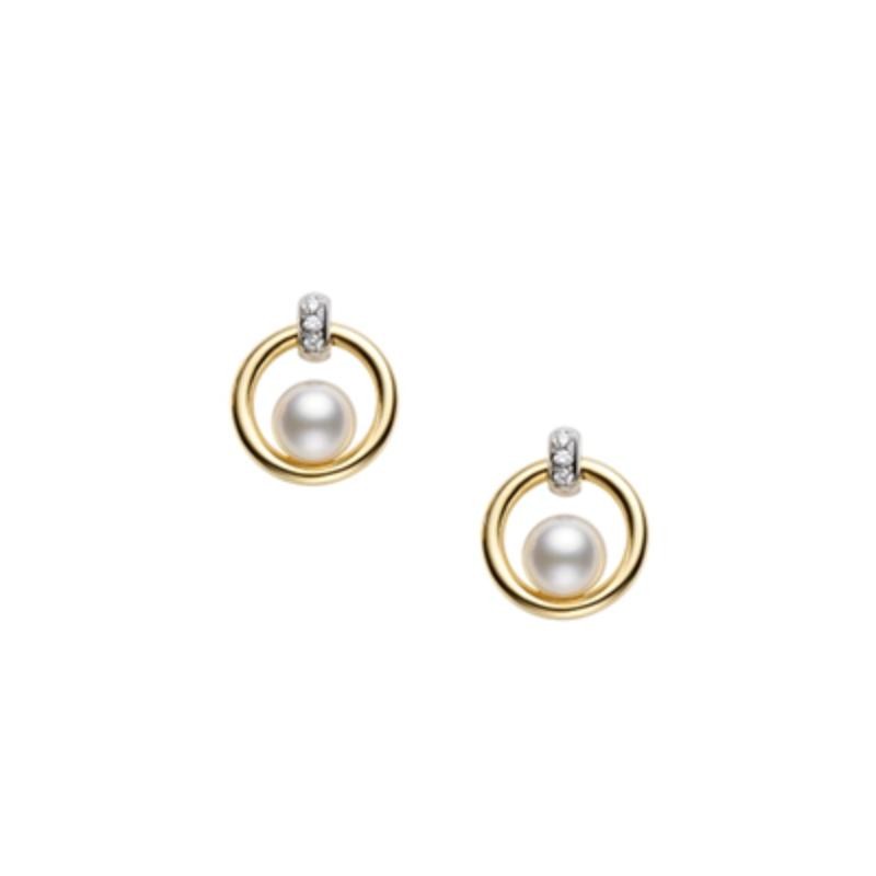 Mikimoto 18K Yellow & White Gold Earrings with 2 Round Akoya Pearls A+ 5.5mm & 6 Round Diamonds .02 Tcw F-G VS