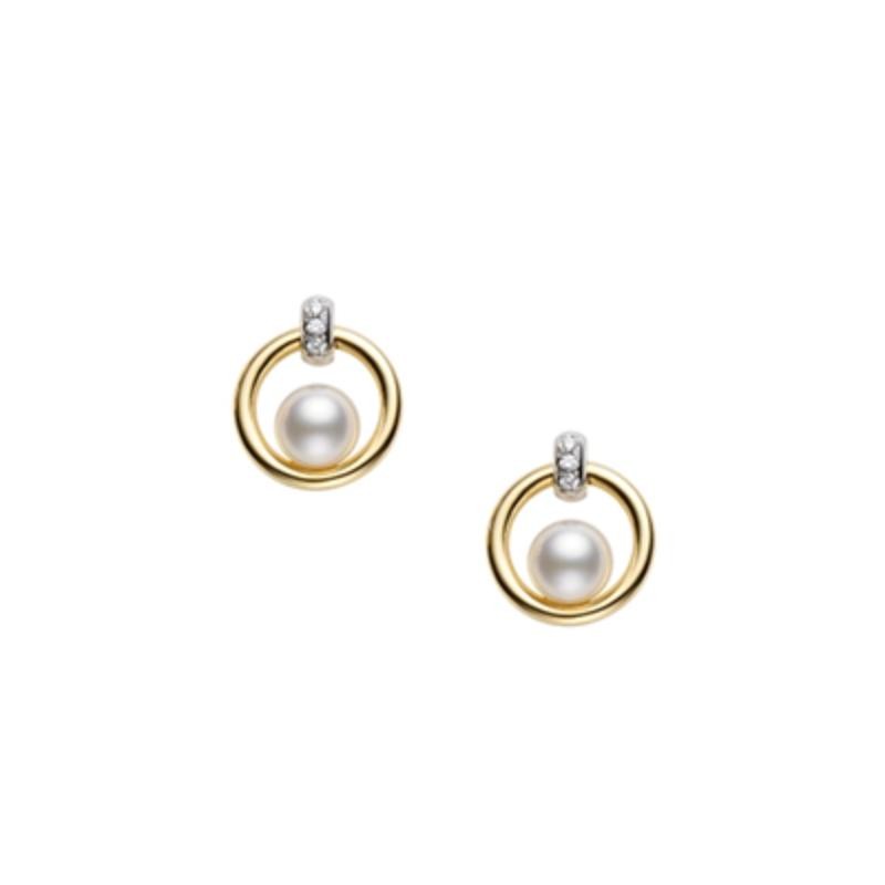 Mikimoto 18K Yellow & White Gold Earrings with 2 Round Akoya Pearls A+ 5.5mm & 6 Round Diamonds .02 Tcw F-G VS