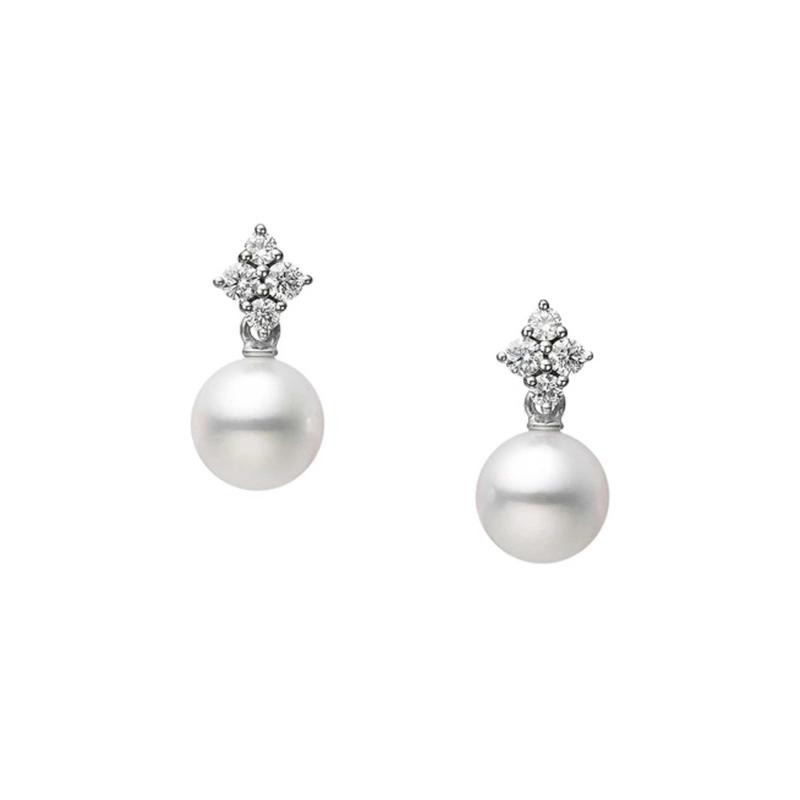Mikimoto 18K White Gold Earrins with 2 Round Akoya Pearls A+ 7.25mm & 8 Round Diamonds 0.16 Tcw F-G VS