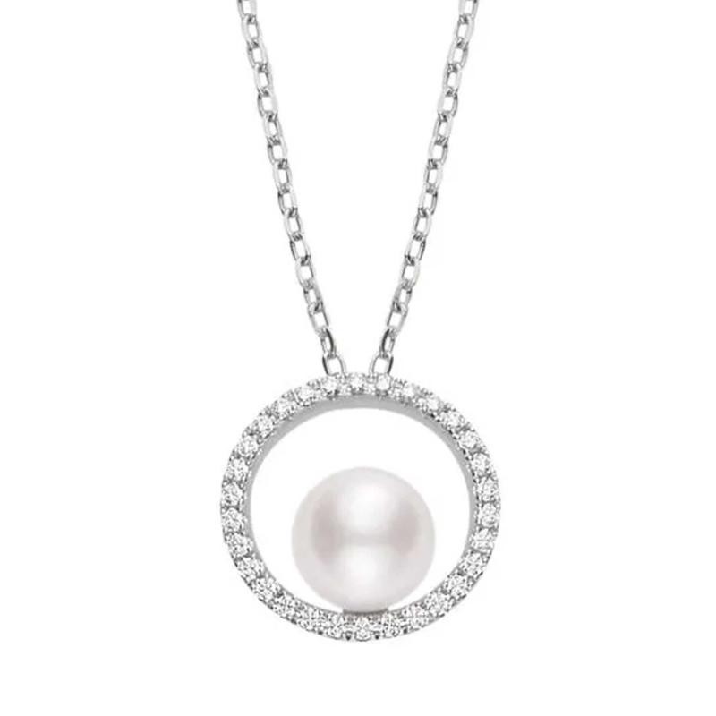Mikimoto 18K White Gold Pendant with 1 Round Akoya Pearl A+ 7mm and 30 Round Diamonds 0.15 Tcw F-G VS 17.5 / 15.75