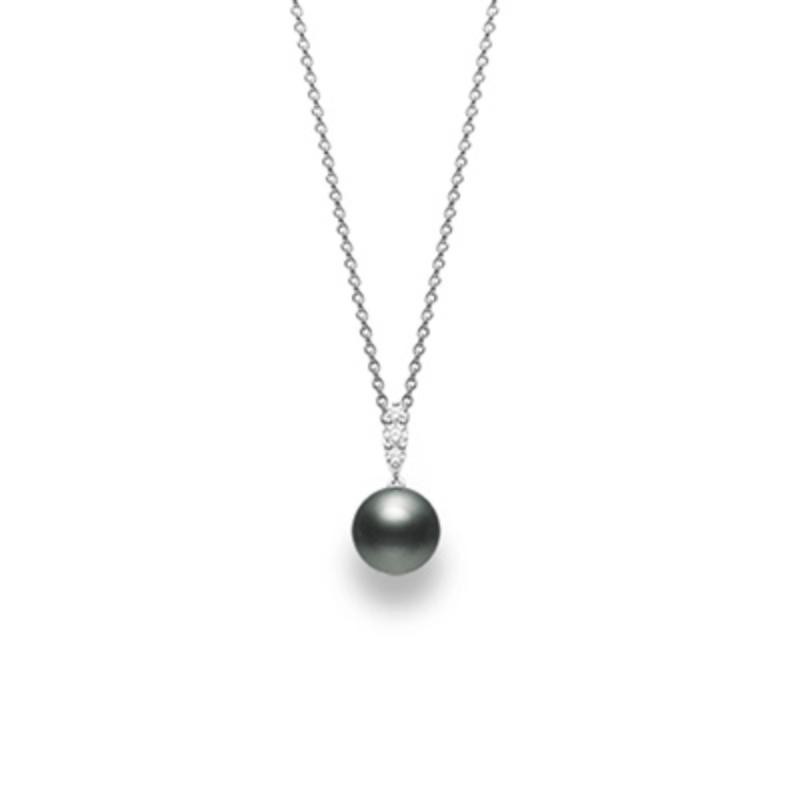 Mikimoto 18K White Gold Pendant with 1 Round Black South Sea Pearl A+ 9mm and 3 Round Diamonds 0.12 Tcw F-G VS 16/18