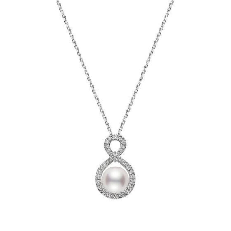 Mikimoto 18K White Gold Pendant with 1 Round Akoya Pearl A+ 8mm and Round Brilliant Cut Diamonds 0.21 Tcw F-G VS