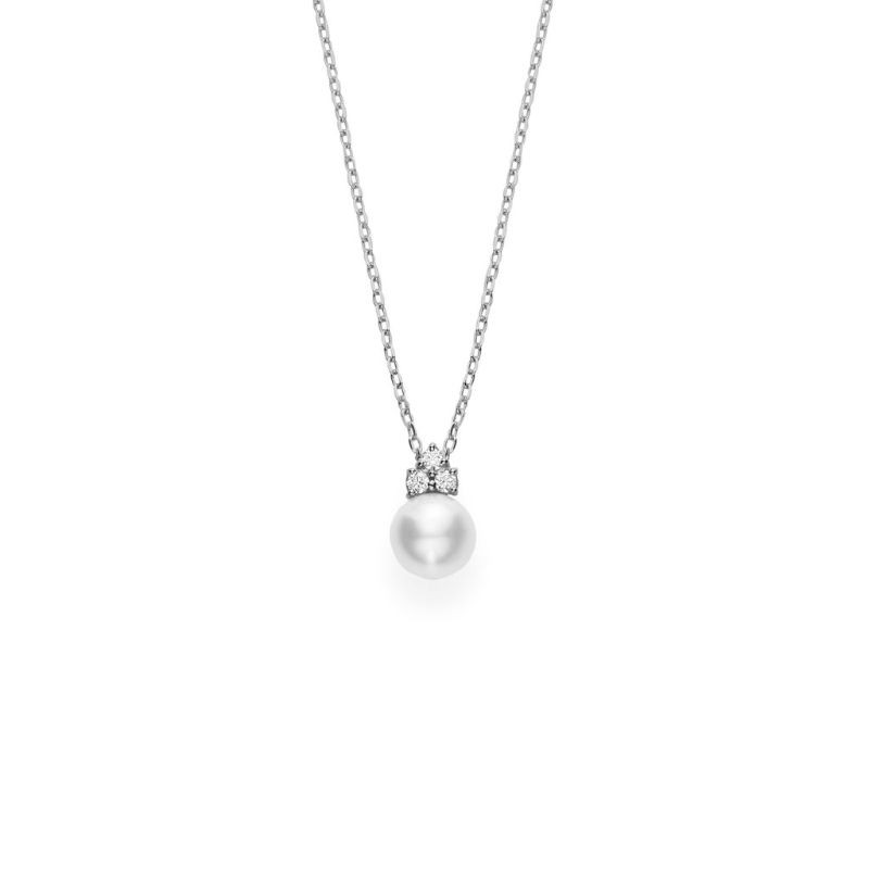 Mikimoto 18K White Gold Pendant with 1 Round Akoya Cultured Pearl 7.75mm A+ & 3 Round Diamonds 0.08 Cts F-G SI1  Length 16-18