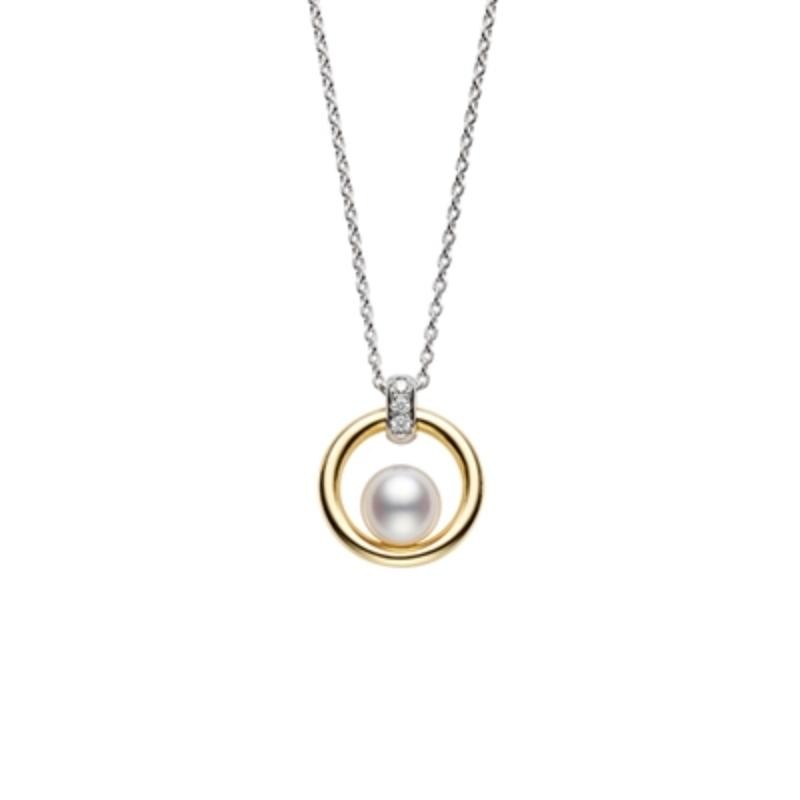 Mikimoto 18K White & Yellow Gold Pendant with 1 Round Akoya Pearl A+ 6mm & 3 Round Diamonds 0.02 Cts F-G VS 18/16