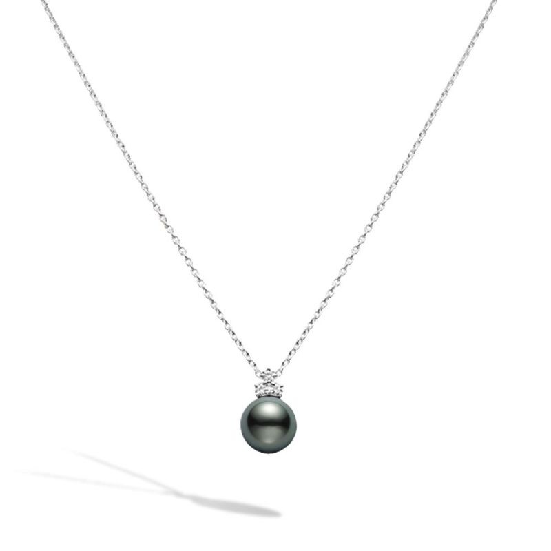 Mikimoto 18K White Gold Pendant with 1 Round Black South Sea Pearl A+ 11mm & 3 Round Diamonds 0.18 Cts