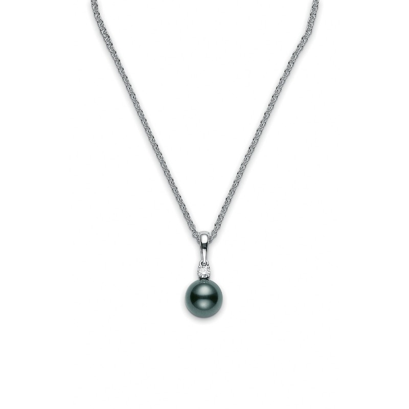 Mikimoto 18K White Gold Pendant with 1 Round Black South Sea Pearl 9mm A+ & 1 Round Diamond 0.10 Cts F-G VS
