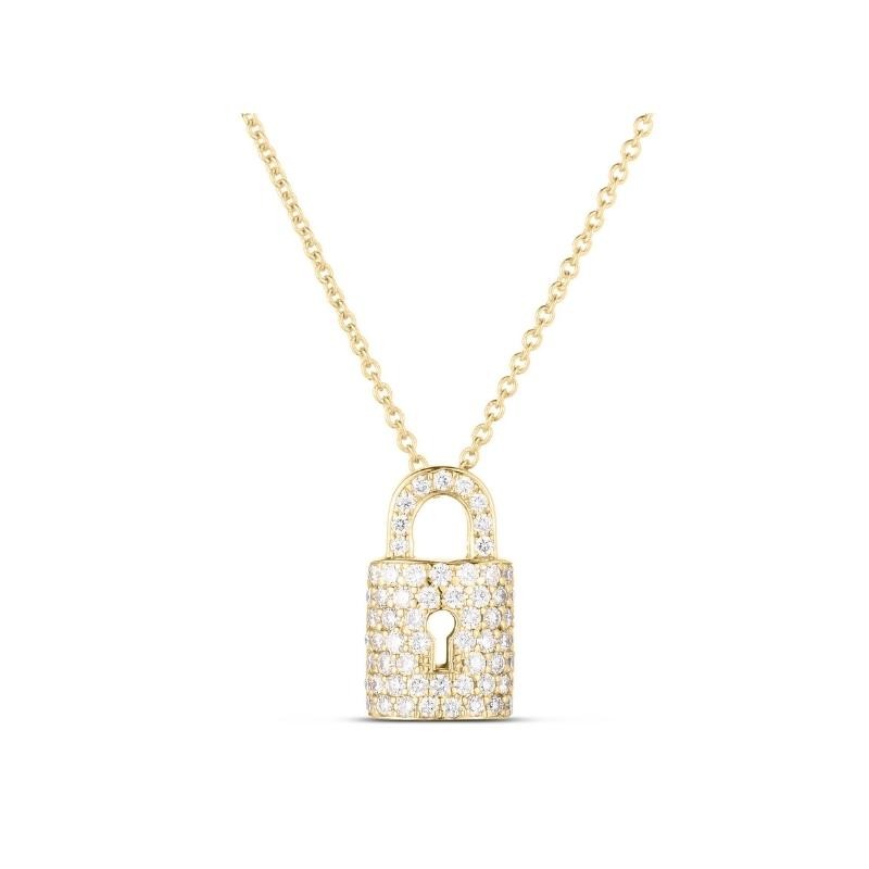 Roberto Coin 18K Yellow Gold Diamond Lock Charm 16 Necklace with Round Diamonds 0.30 Tcw G-H SI